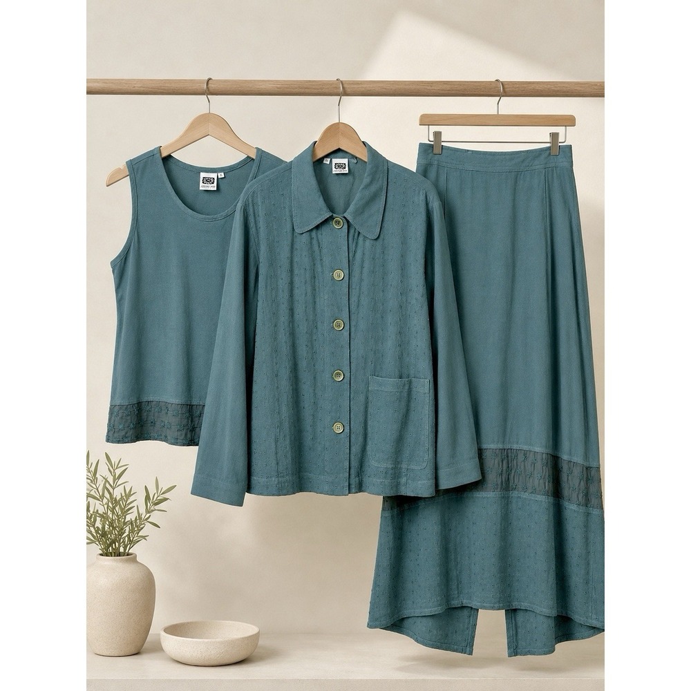 Johnny Was Collection Coordinated 3 Pc Set Jacket & Top (S) Skirt (L) Muted Teal